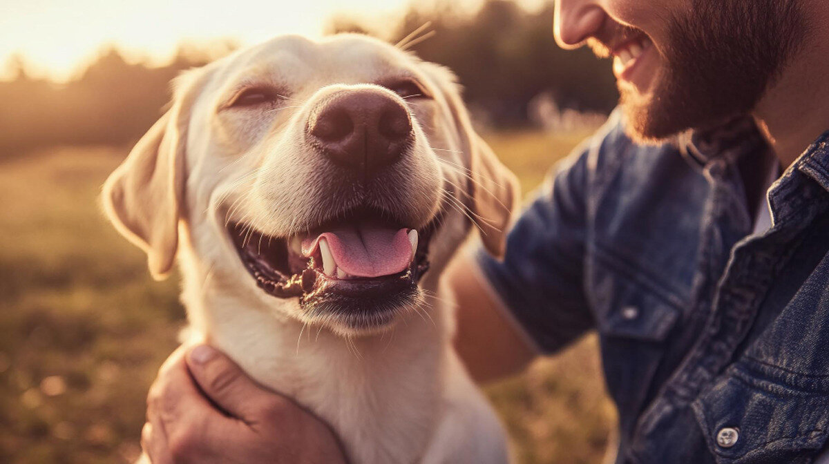 köpek ve yanında gülümseyen bir adam