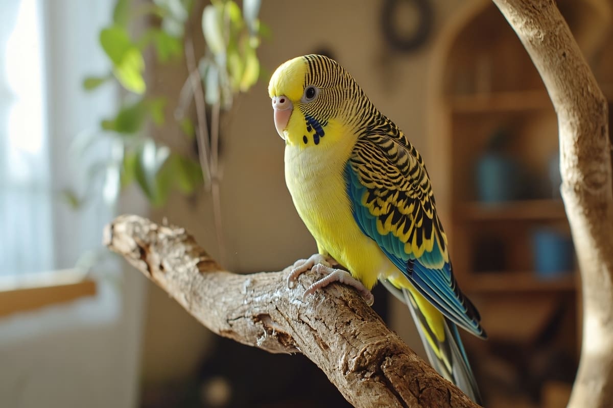 ev içindeki odunsu bitkide duran muhabbet kuşu