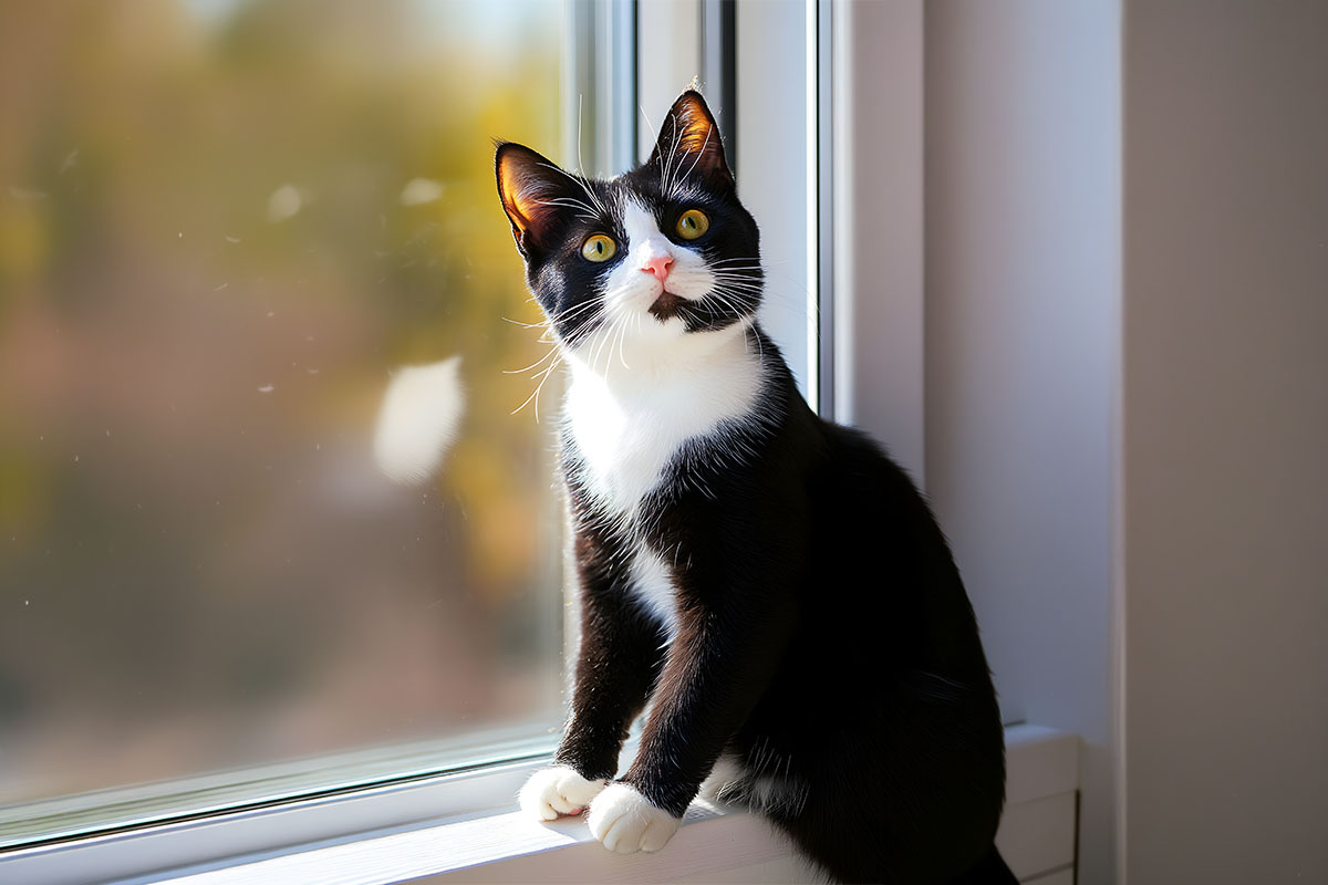 pencere kenarında oturan Tuxedo smokin desenli kedi