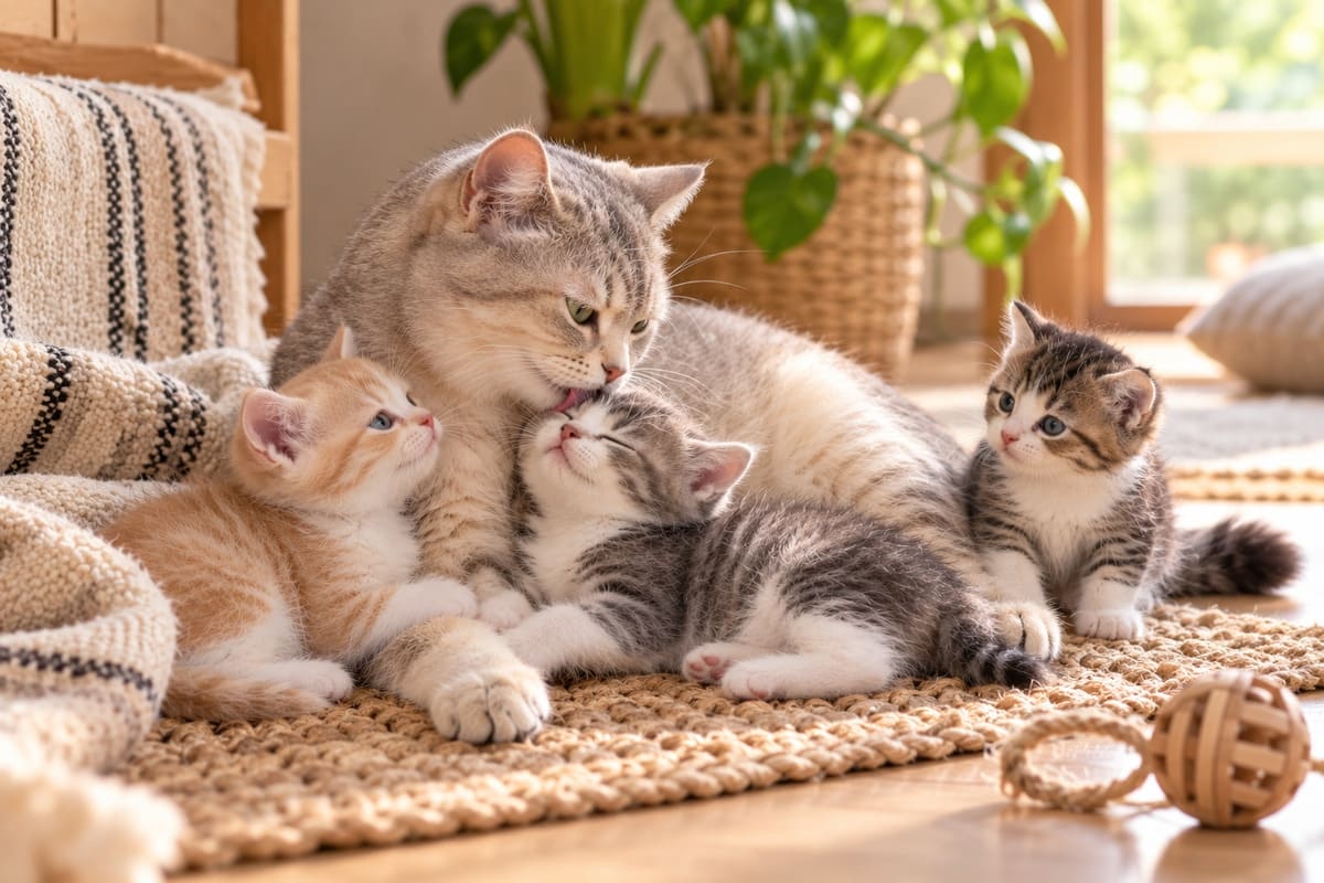 yavrularını yalayan anne kedi