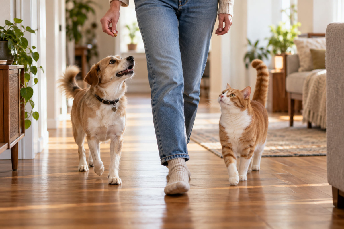 insanın yanında yürüyen kedi ve köpek