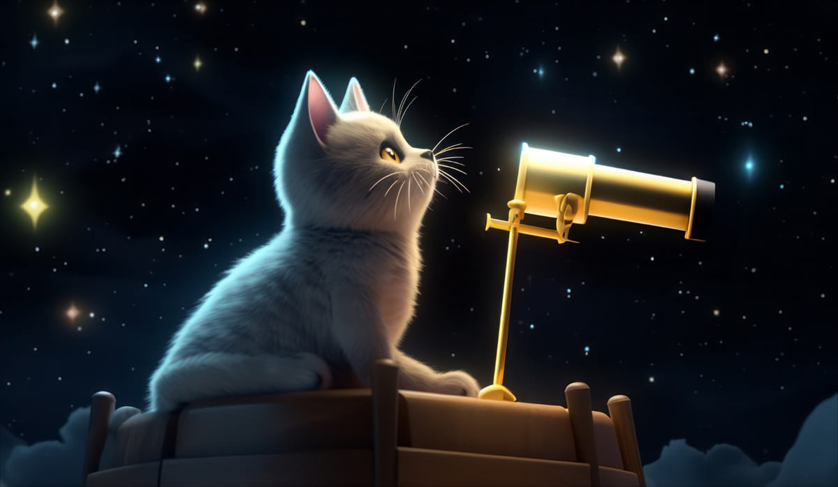 gece yıldızlı gökyüzünde teleskopa bakan kedi