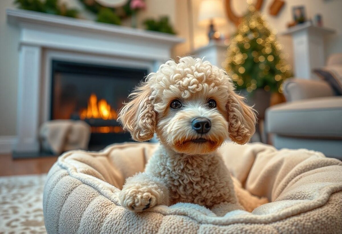 yatağında yatan kıvırcık tüylü küçük ırk köpek