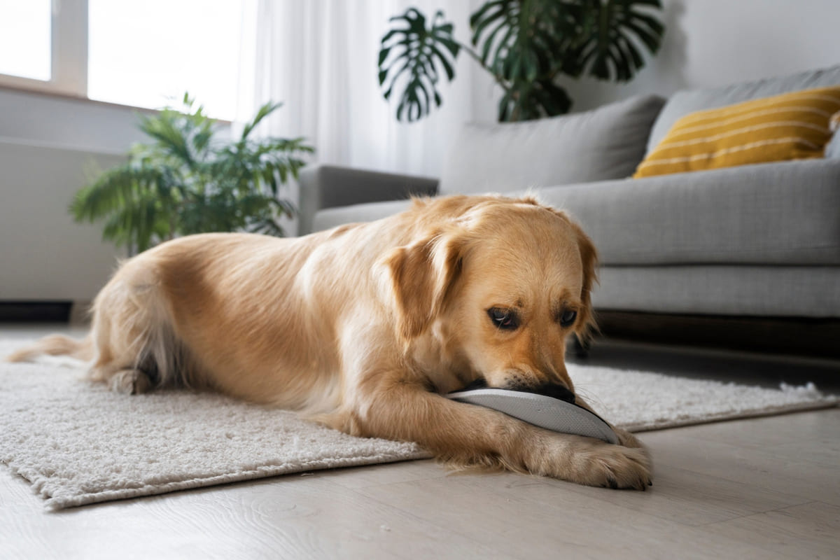 boş beyaz tabağa burnunu dayamış golden Retriever