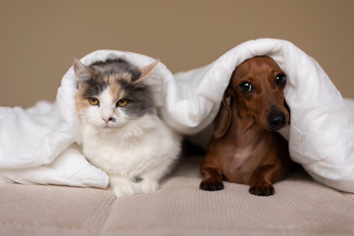 beyaz yorganın altında kedi ve uzun kulaklı köpek