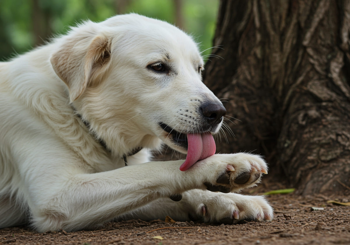 ormanlık alanda patisini yalayan beyaz köpek
