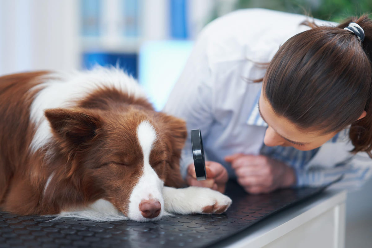 kahverengi beyaz tüyleri olan büyük ırk köpeğe tanı koymaya çalışan veteriner hekim