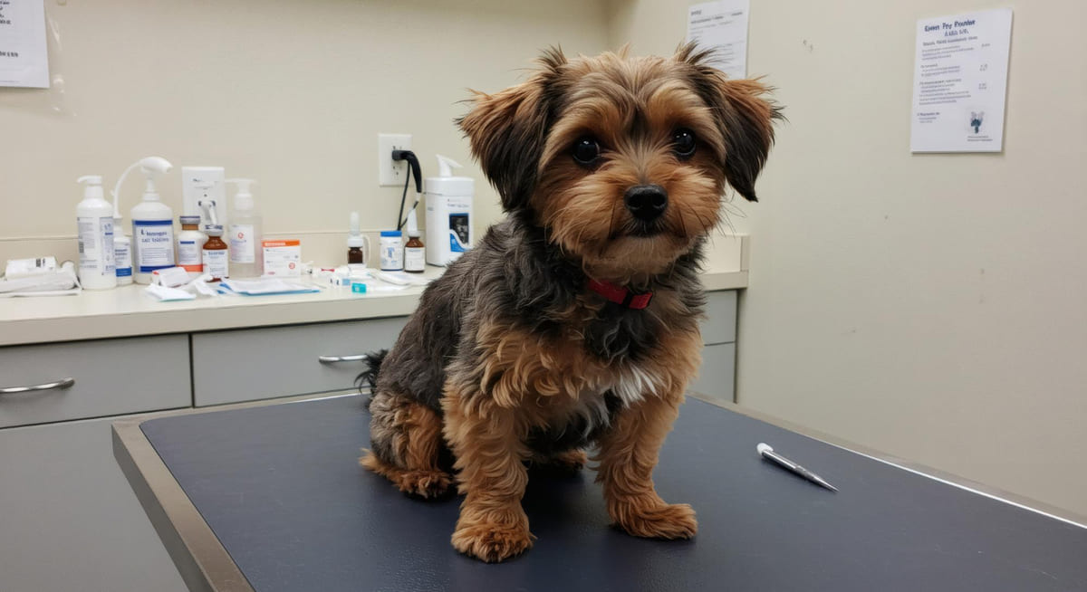 veteriner kliğininde masada oturan küçük ırk köpek