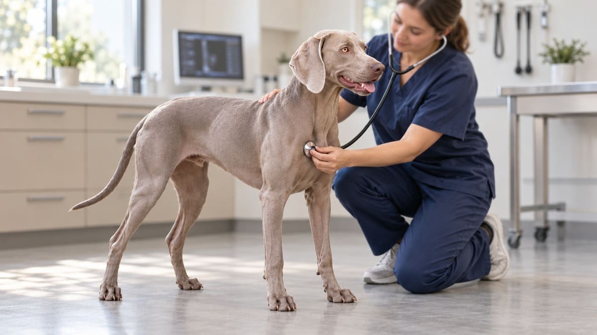 veteriner hekimin muayene ettiği gri köpek