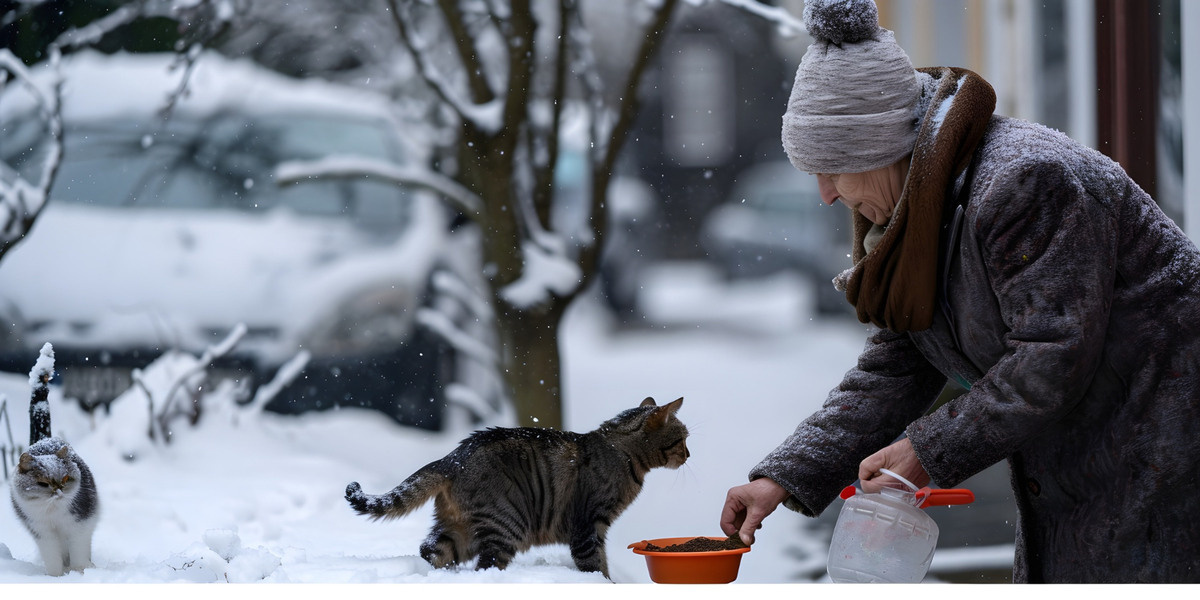 karlı havada kuru mama ile kedi besleyen hayvansever kadın