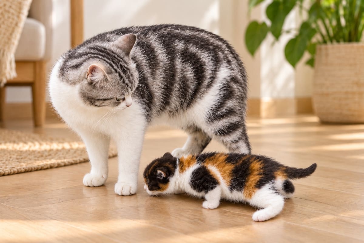 anne ve yanında henüz ayağa tam kalkamamış yavru kedi