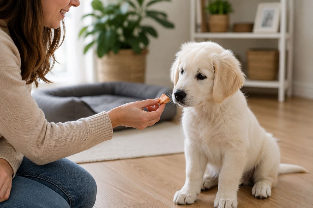 küçük küp şeklinde doğranmış pişmiş somon yavru köpeğe uzatılmış