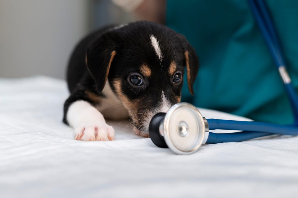 veteriner kliniğinde yatan siyah kahve beyaz tüylü köpek