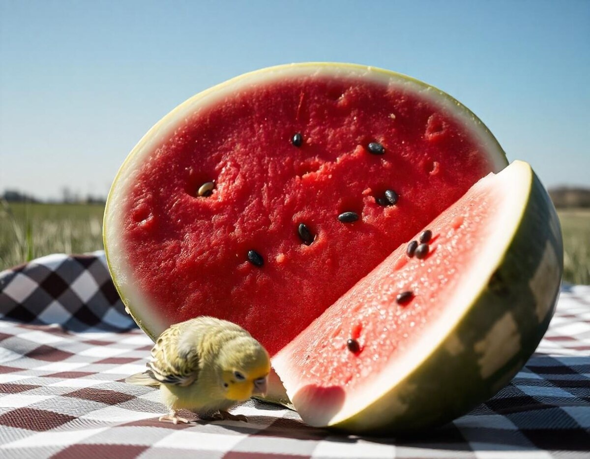 piknik örtüsünün üzerinde duran karpuzu yemeye çalışan muhabbet kuşu