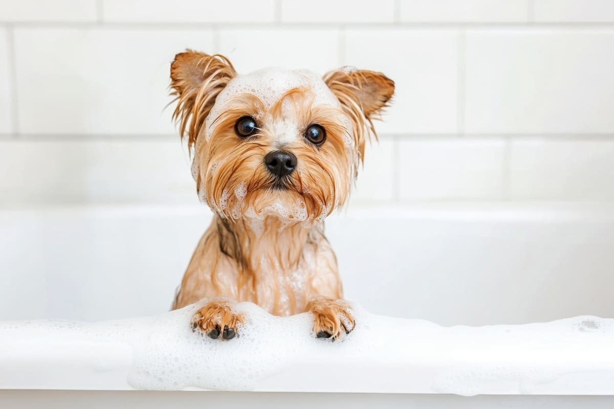 küvetin içinde duran Yorkie