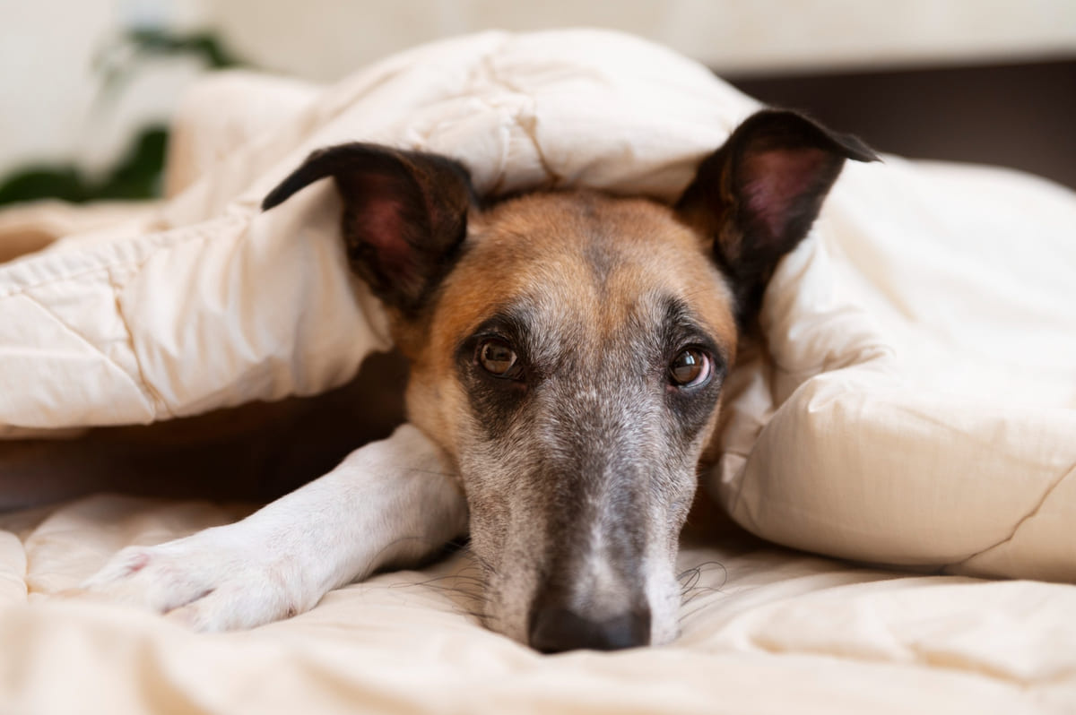 yorganın altında, kafasını yatağa dayamış köpek