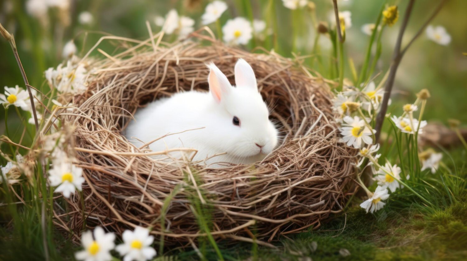 yuvada oturan beyaz tavşan