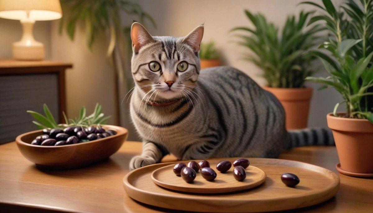 zeytin tabaklarının yanında oturan tekir kedi